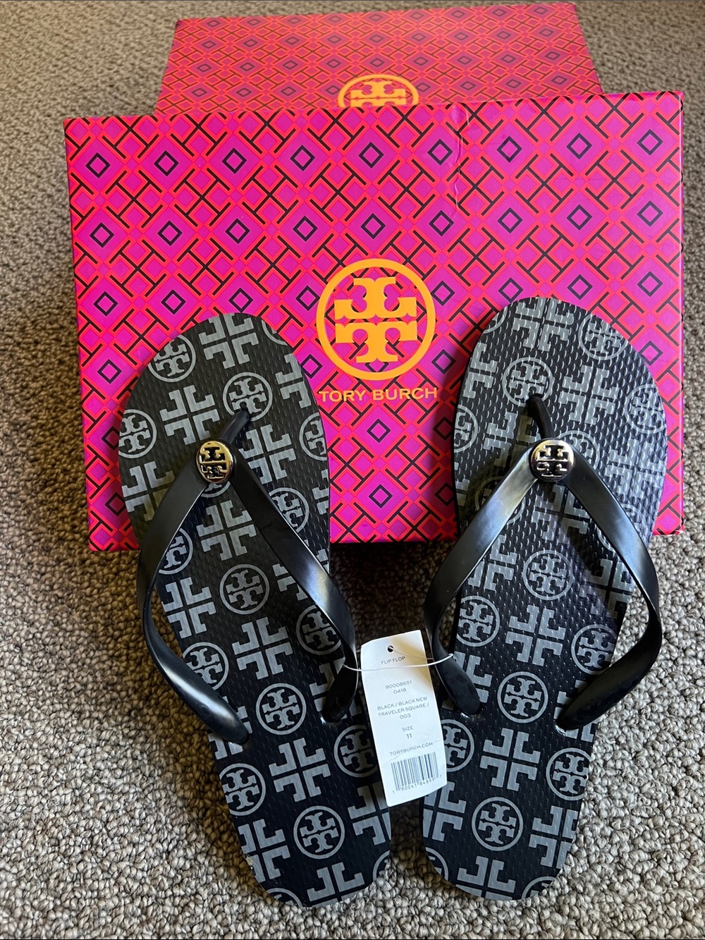 Tory Burch Black Logo-Print Flip Flop Sandals with Silver Emblem